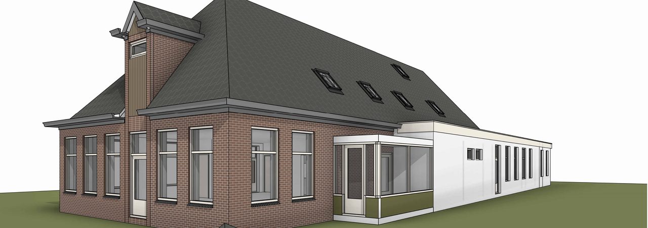 Modelaanzicht van de bestaande situatie, met de uitbouw die verdwijnt