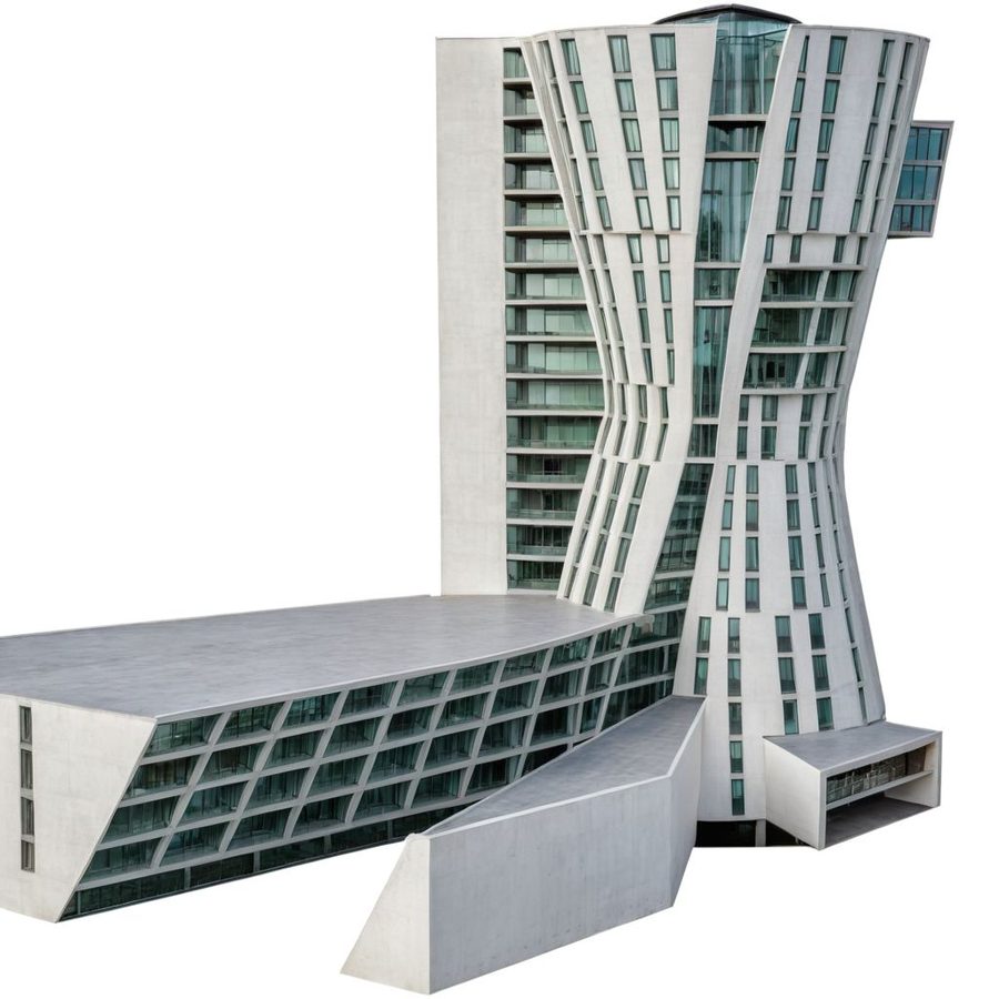 Het gebouw in zijn geheel, met de plint en de torderende toren erop