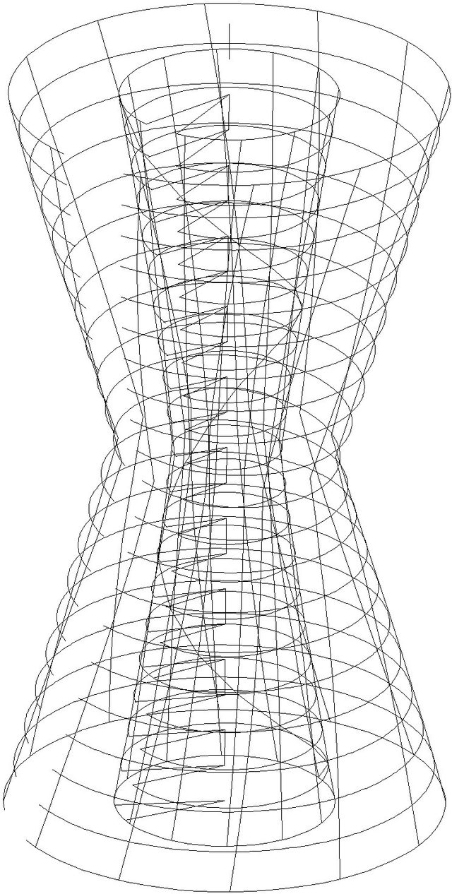 Het staalskelet van de toren uit het bouwkundig model, met de torsie zichtbaar