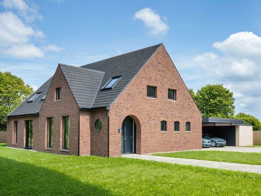 De kopgevel van de woning op landgoed Vaneker in Enschede, in rode baksteen met een boogvormige entree