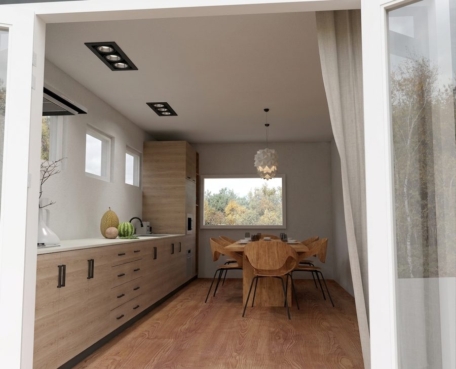 Modelbeeld van een keuken met witte kasten en een eettafel bij het raam