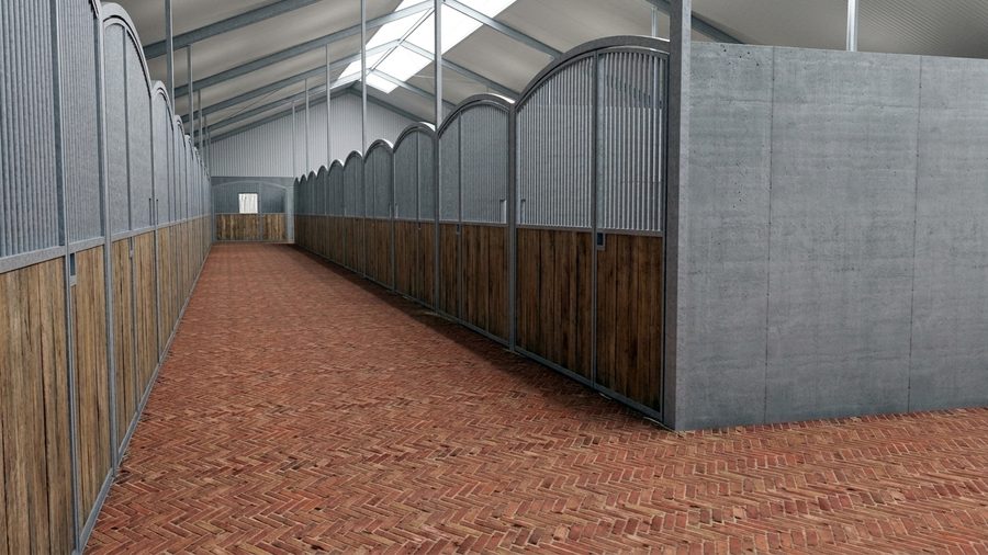De gang tussen de boxen in de stal, met een klinkervloer en een gebogen kap