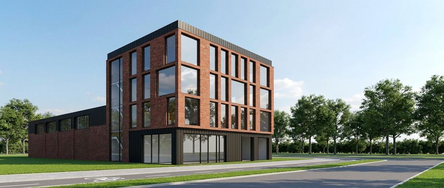 Gebouw aan de Duinkerkenstraat in Groningen met baksteen, houten invullingen en een donkere plint