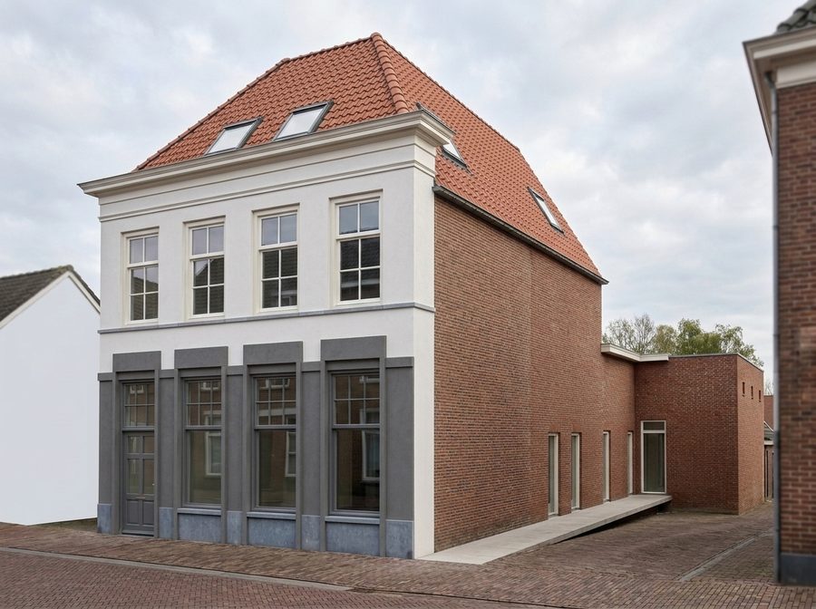 Impressie van het hoekpand aan de Grotestraat in Almelo met winkelpui en mansardekap