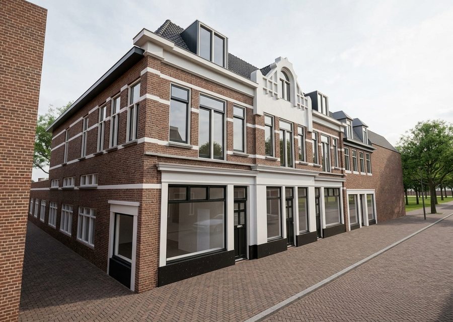 Herstelde winkelgevels aan de Grotestraat in Almelo met nieuwe kozijnen