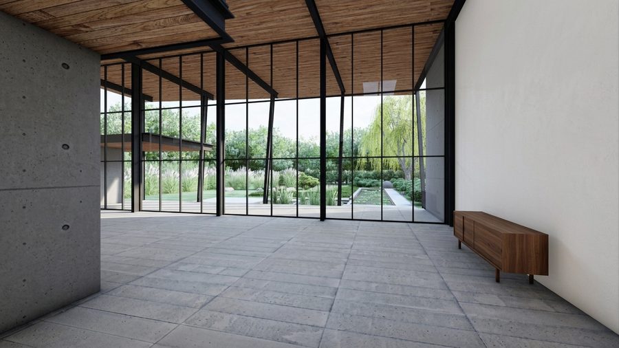 Interieur met betonvloer, houten plafond en een glazen gevel over de volle breedte