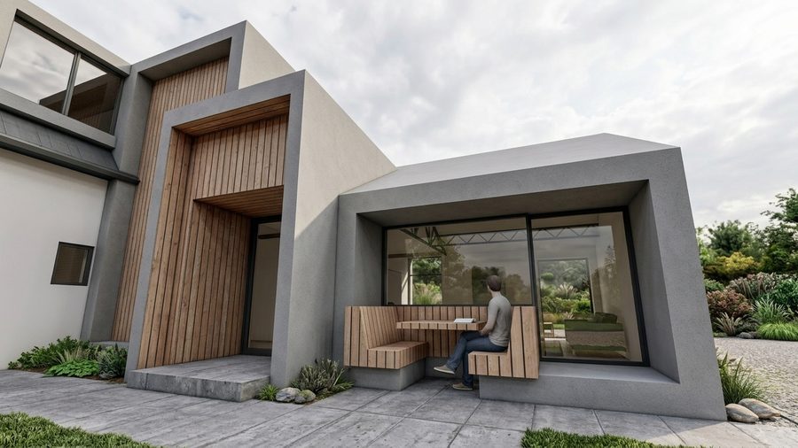 De entree onder een uitkragend volume, met een houten bekleding en een bank
