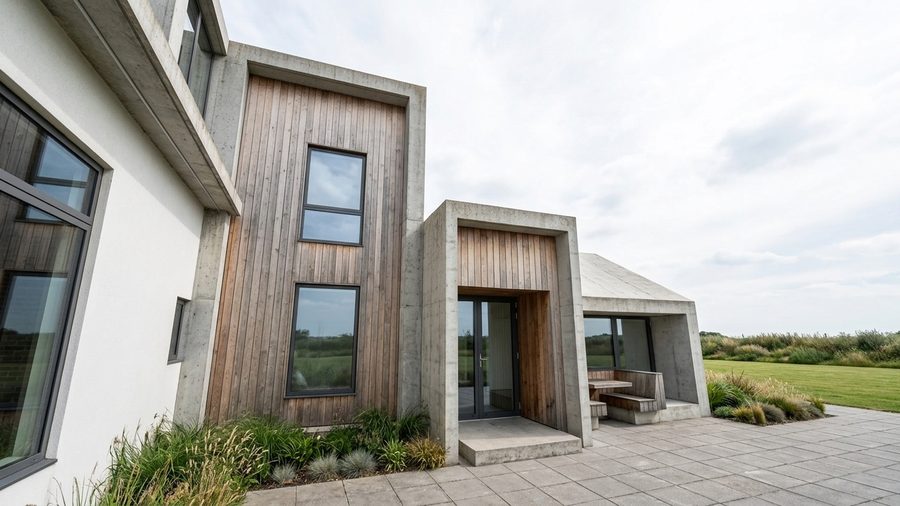 De zijkant van het pand met een terugliggend deel in hout