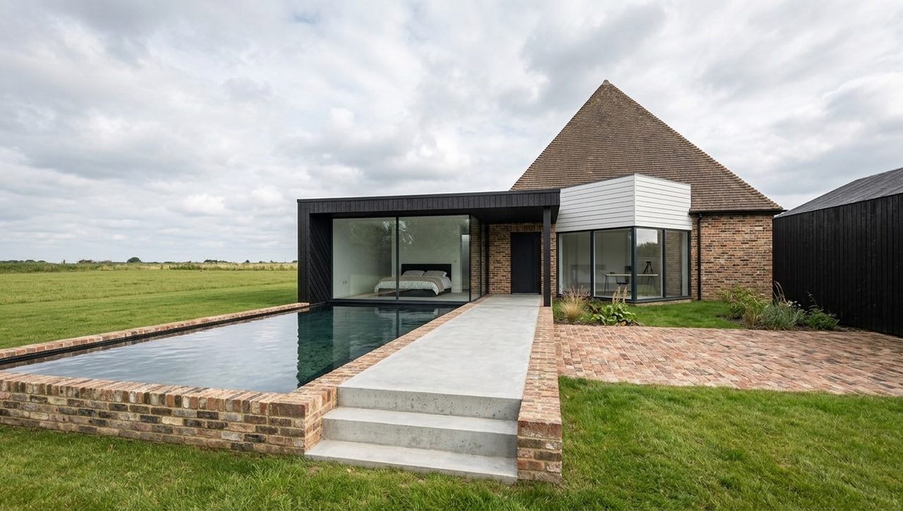 De aanbouw met plat dak naast de bestaande woning met haar tentdak