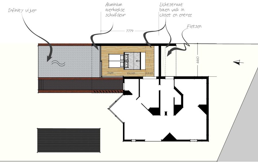 Plattegrond van de aanbouw met de slaapkamer, kleedkamer en badkamer ingetekend