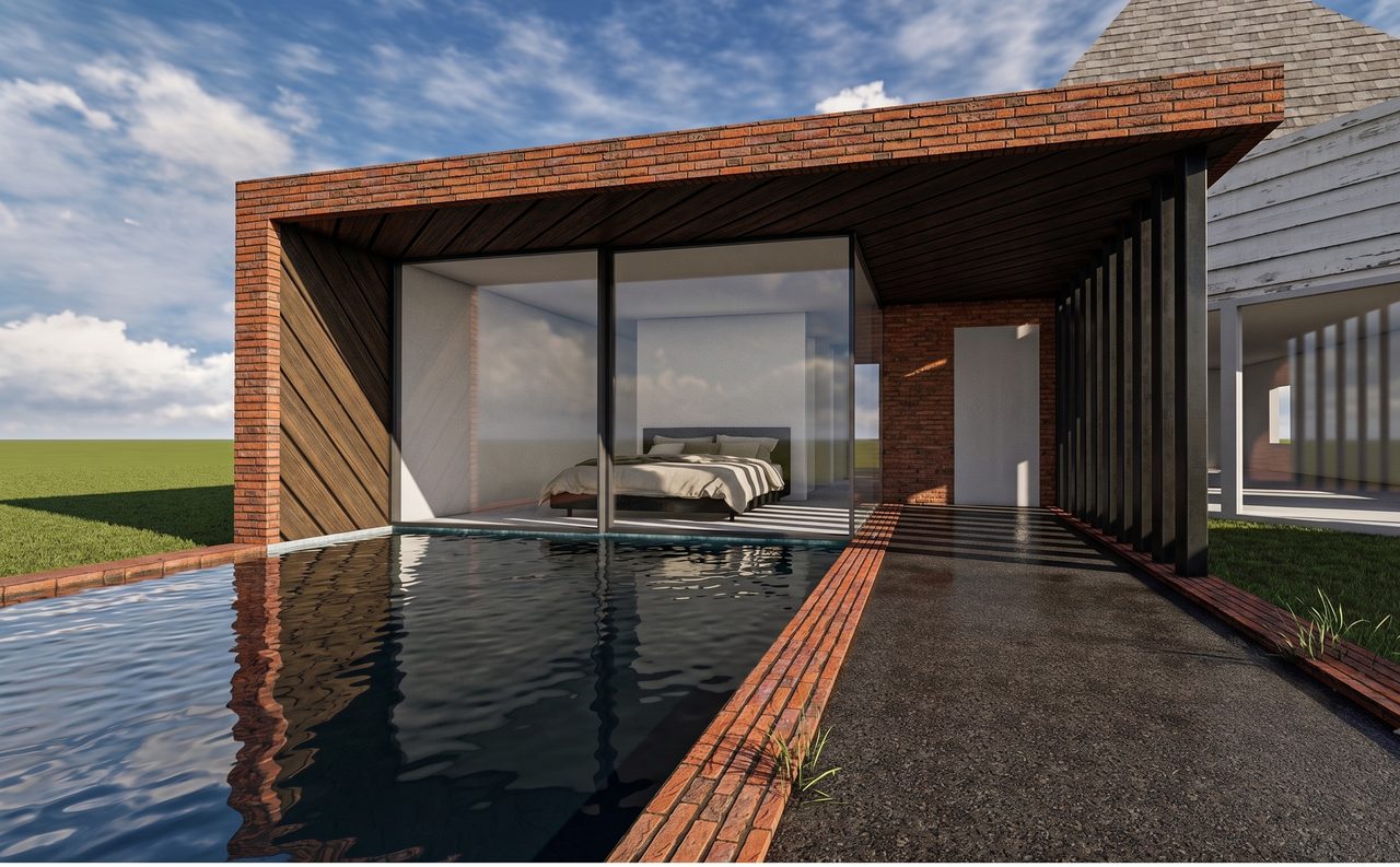 Aanbouw met een slaapkamer die met een grote pui op de tuin en het water uitkijkt