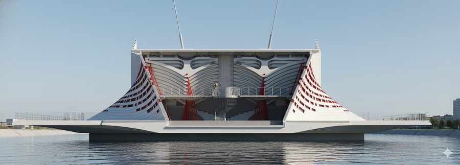 Doorsnede van het middendeel van de brug, met een trap tussen de gebogen pylonen