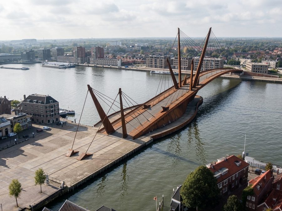Bovenaanzicht van de brug over de rivier tussen de twee kades