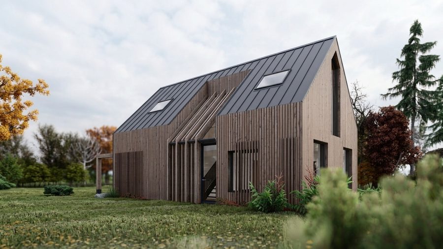 Houten schuurwoning in Noordlaren met een steile kap, gezien tussen de bomen