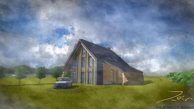 De achterzijde van de woning met een oprit langs een keermuur