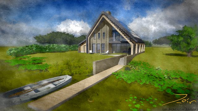 De woning in het open veld, met de donkere kap tot laag bij de grond
