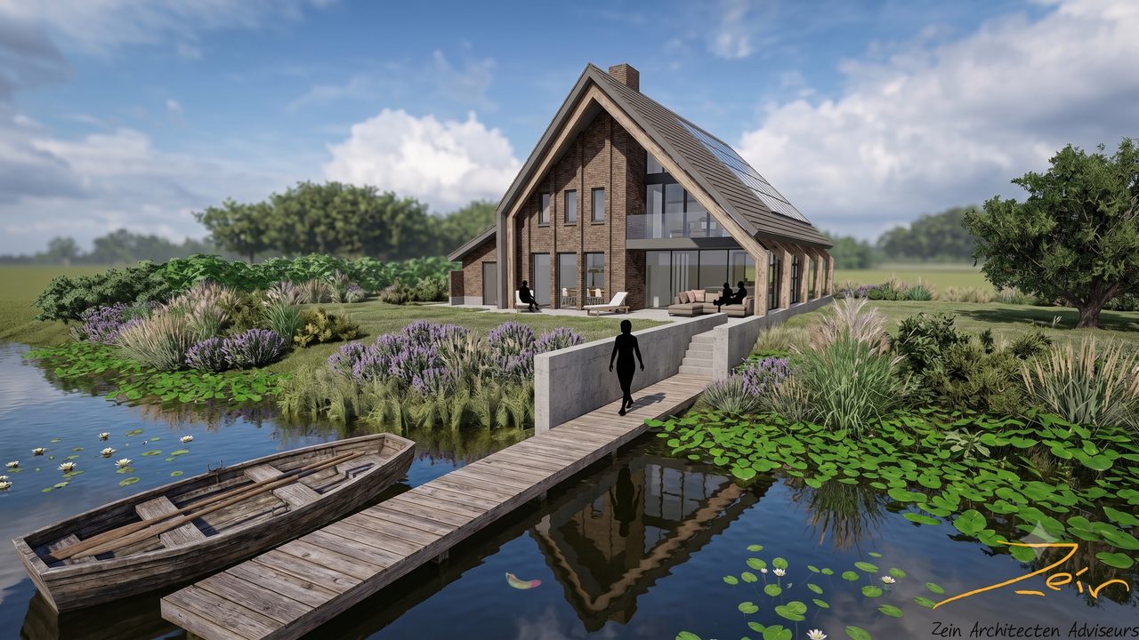 Schuurwoning in Eelderwolde aan het water, met een donkere kap en een houten vlonder ervoor