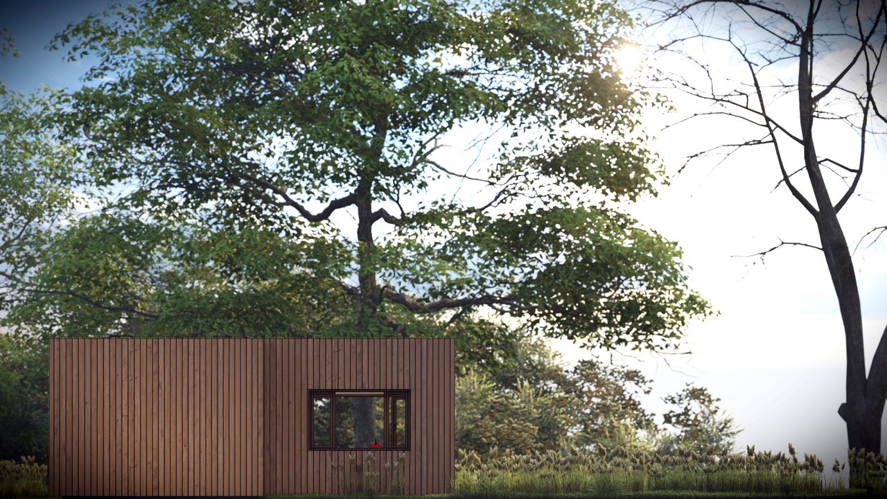 Gevelaanzicht van de recreatiewoning met de houten gevelbekleding in beeld