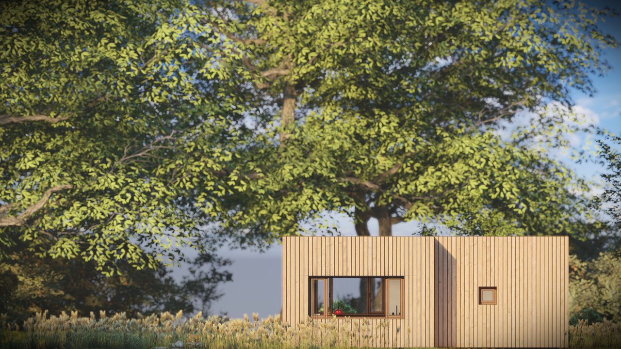 Gevelaanzicht van de recreatiewoning met bomen op de voorgrond