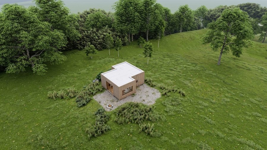 Dezelfde woning aan een bosrand, met de gesloten zijde naar de bomen