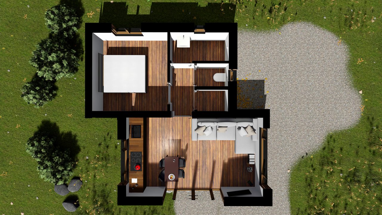 Driedimensionale plattegrond van de recreatiewoning met de indeling in beeld