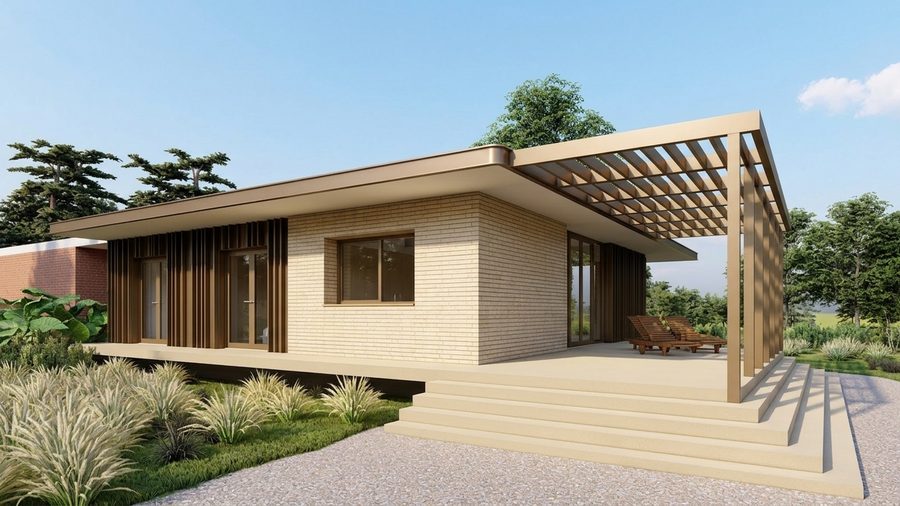 Het terras onder de pergola, met houten vlonders en beplanting eromheen
