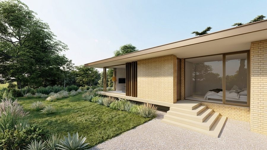De tuinzijde van de bungalow met verticale houten delen tussen de raamvlakken