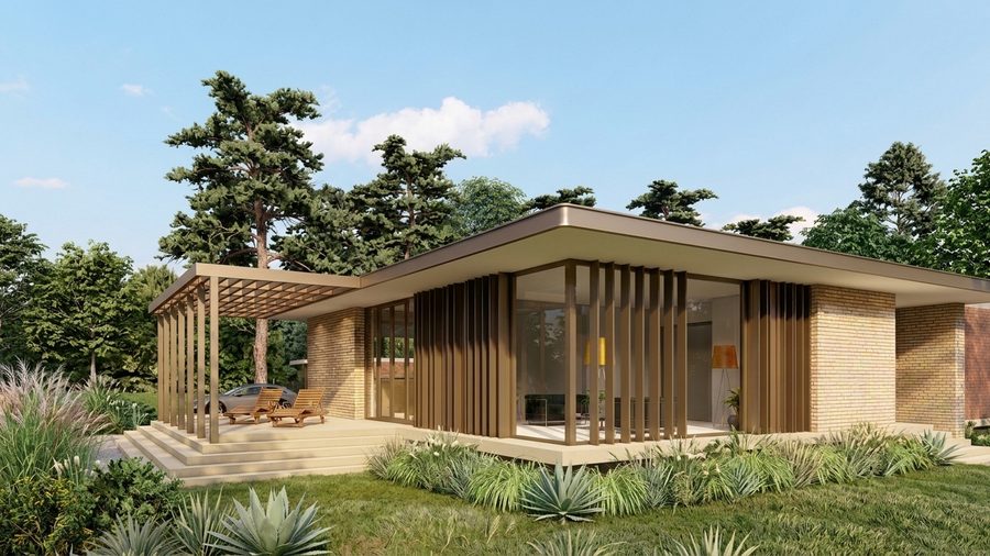 Gerenoveerde bungalow in Groningen met lichte baksteen en een houten pergola langs de gevel