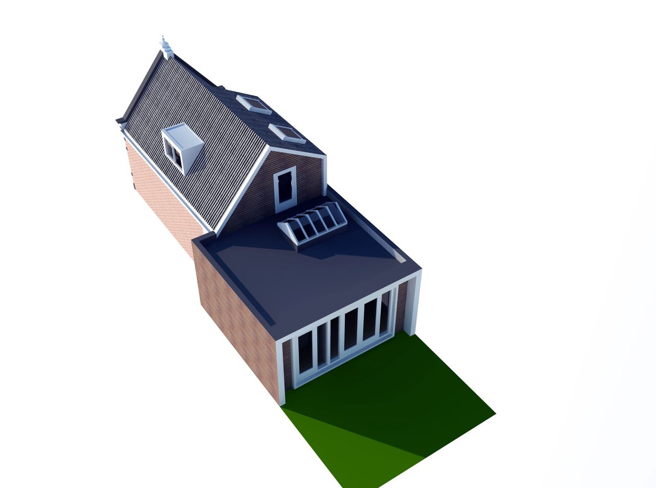 Driedimensionaal model van de woning met de uitbreiding aan de achterzijde