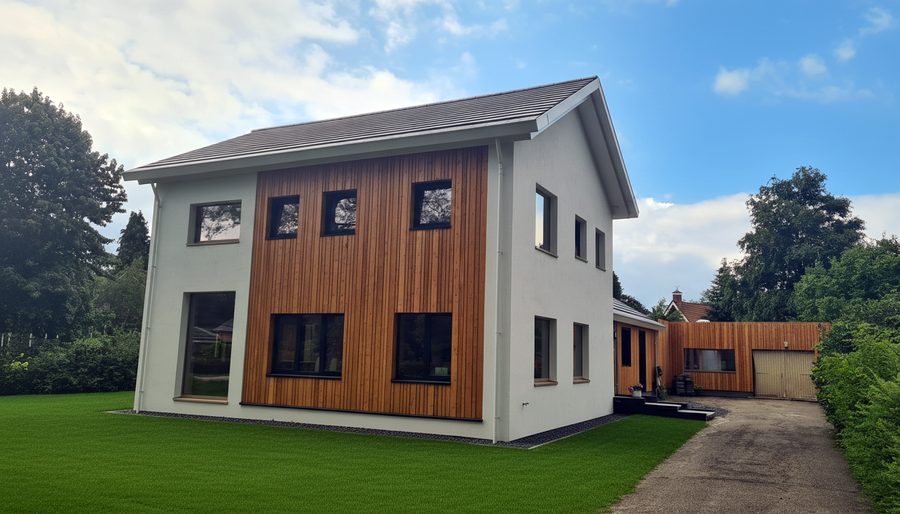Gerenoveerde woning in Paterswolde, wit stucwerk met houten gevelbekleding en de garage op de achtergrond