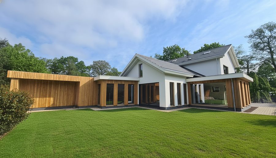De gerenoveerde woning in Paterswolde gezien vanaf de tuin, met de lage houten uitbouw en het overstek