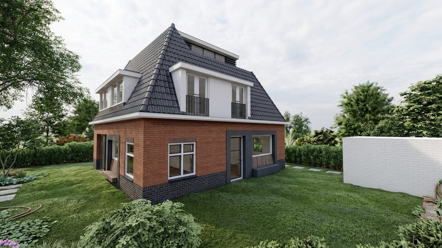 De achterzijde van de woning met grote puien naar de tuin