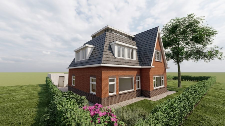 Zijgevel van de woning met dakkapel en de nieuwe aanbouw aan de achterzijde