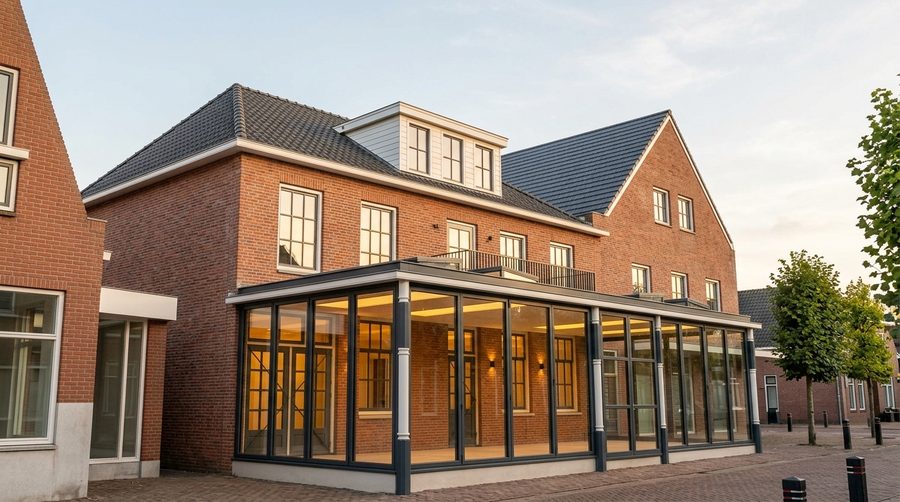 Impressie van de glazen serre om de hoek van een restaurant aan de Stationsweg in Zuidlaren