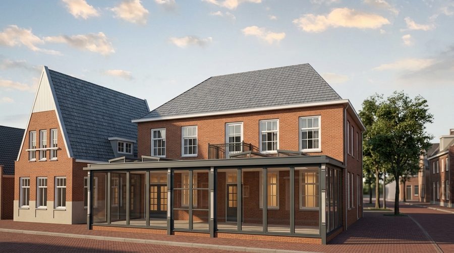 Impressie van de straatzijde met de serre voor de gevel en de buurpanden ernaast