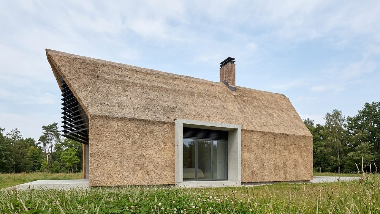 Achterzijde van de schuurwoning met een gesloten rietvlak en een betonnen plint
