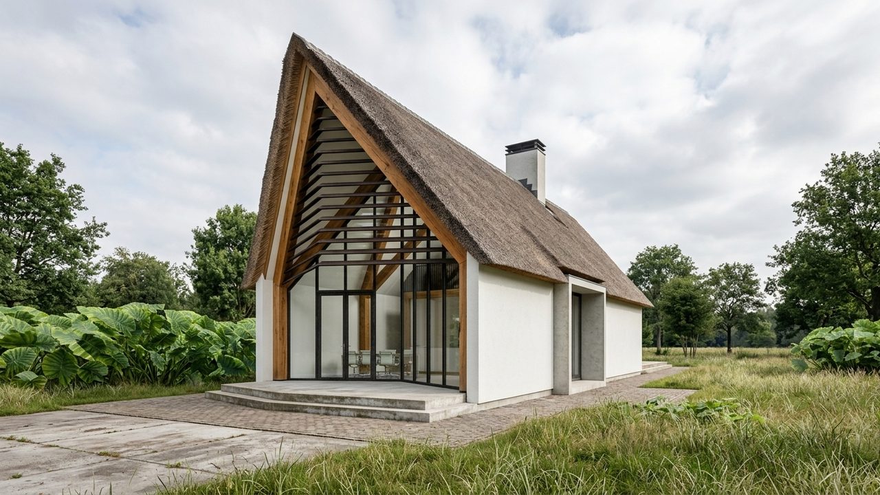 De schuurwoning met rieten kap en een steile topgevel in het open landschap