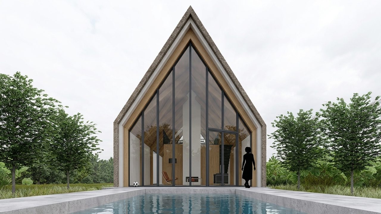 De glazen topgevel van de schuurwoning over de volle hoogte van de kap