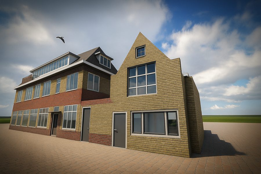 De achterzijde van het complex met een tuitgevel in gele baksteen