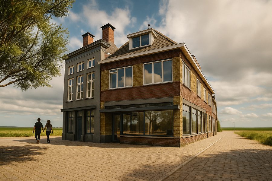 Hoekpand in Franeker met winkelpui, dakkapel en twee schoorstenen, na restauratie