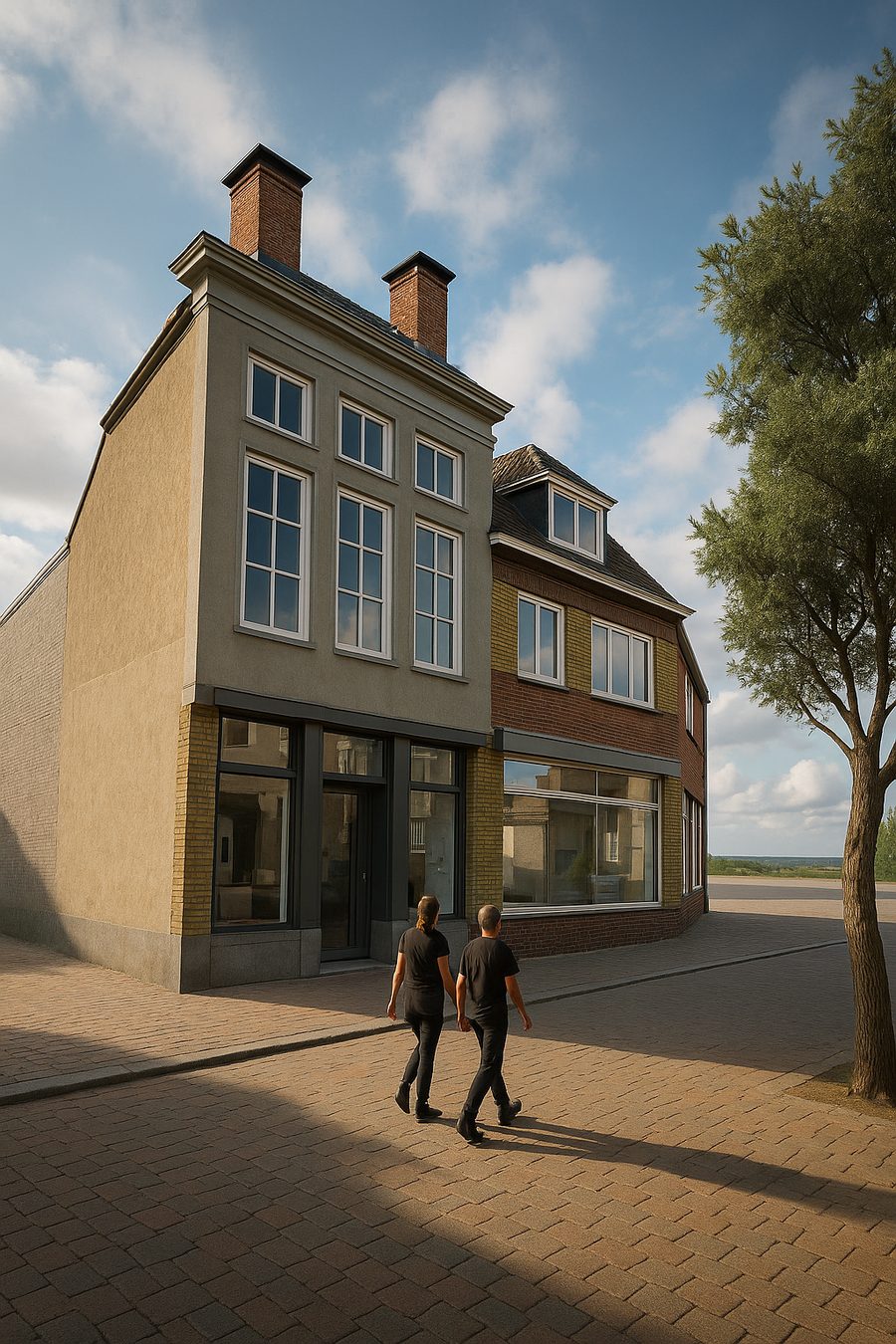De gevel in de zijstraat, met een gepleisterd deel naast een bakstenen deel