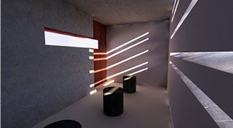 De binnenruimte met lichtsleuven die als lijnen op de wand vallen