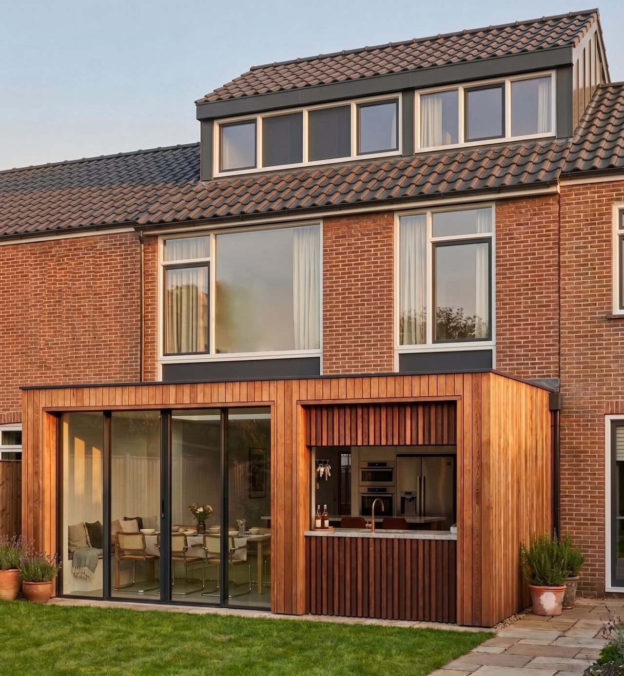 Uitbouw met houten gevelbekleding aan de tuinzijde van een bakstenen woning in Assen