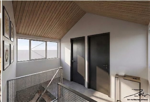 Overloop op de verdieping met een houten plafond en daglicht van boven