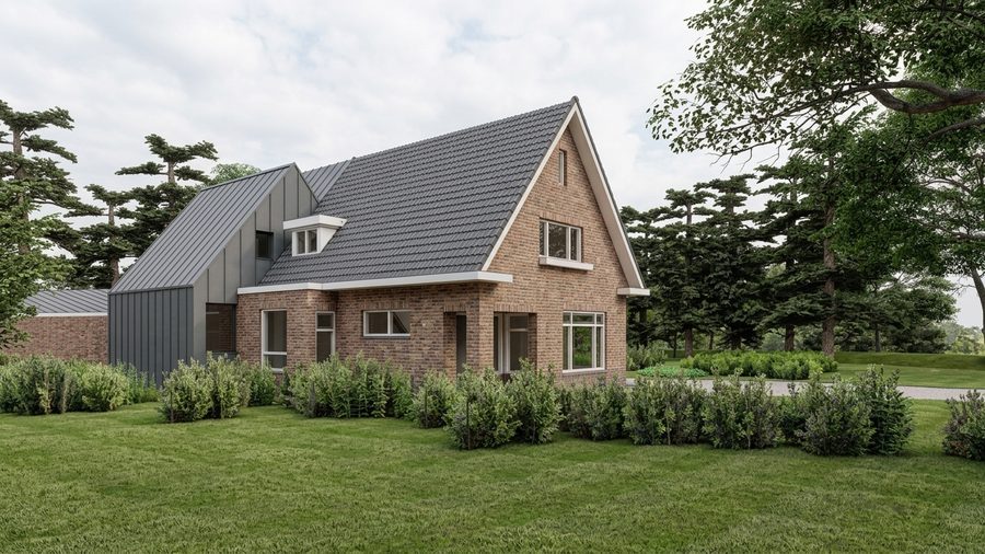 De bestaande woning vanaf de straat, met de uitbouw erachter