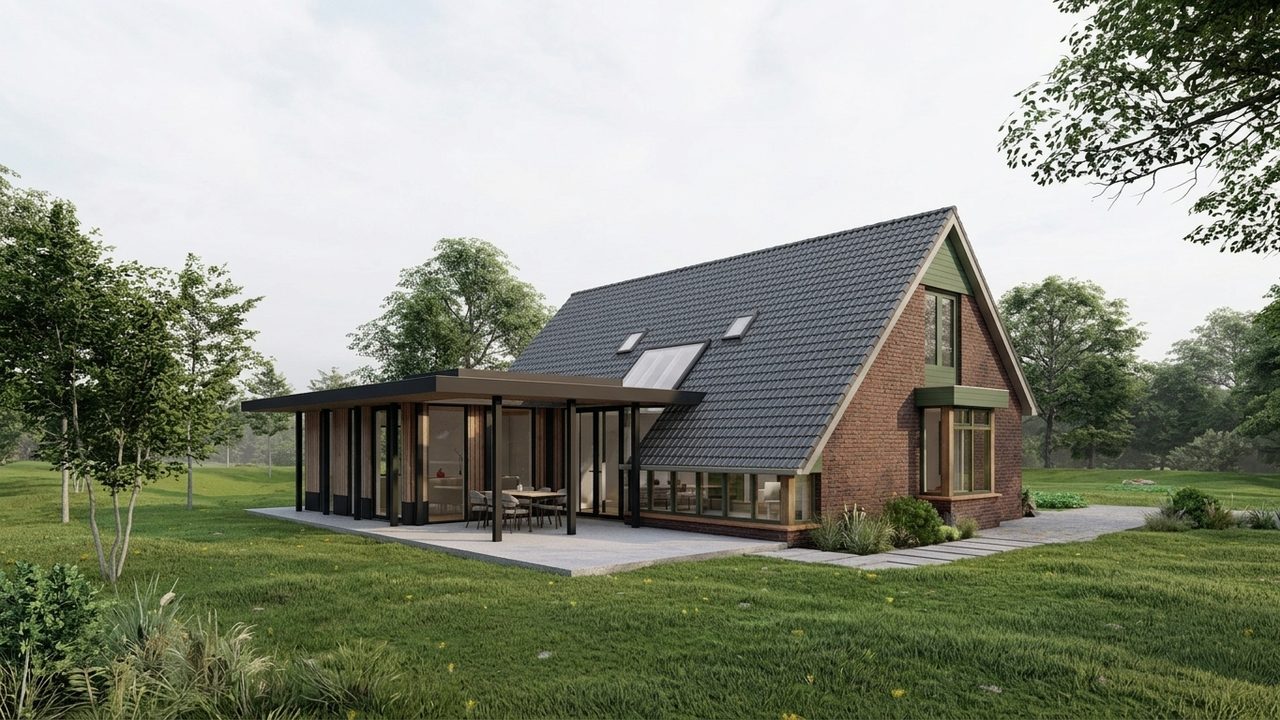 Achterzijde van de woning met de aanbouw die om de hoek doorloopt