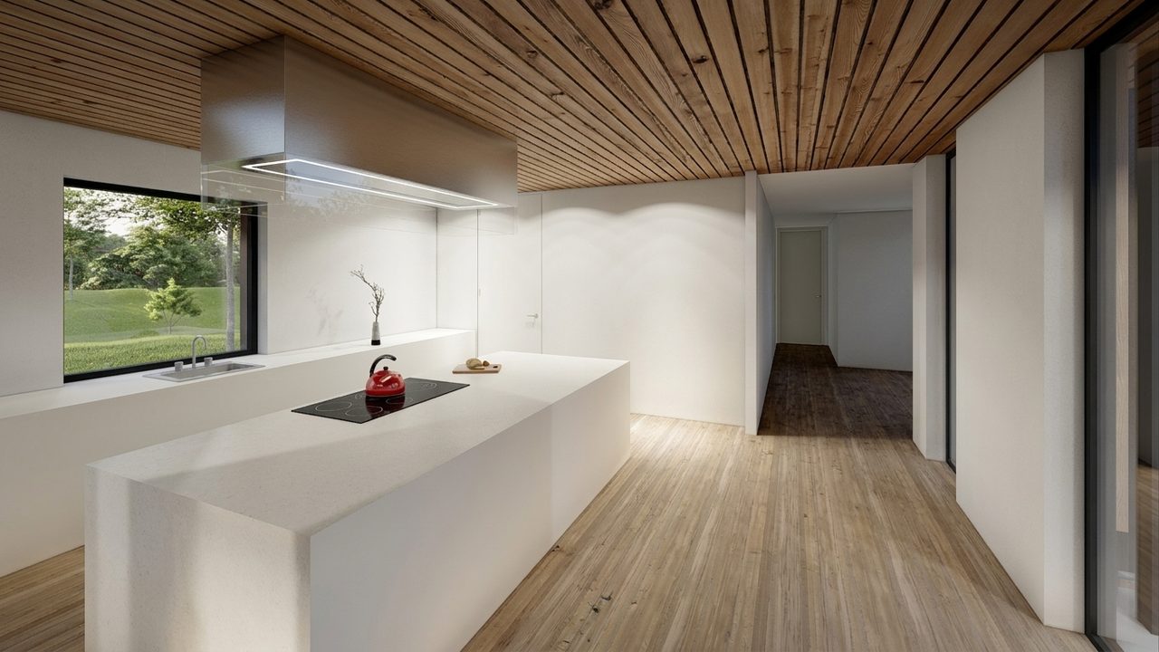 Keuken met een lang wit blok en een plafond van houten latten