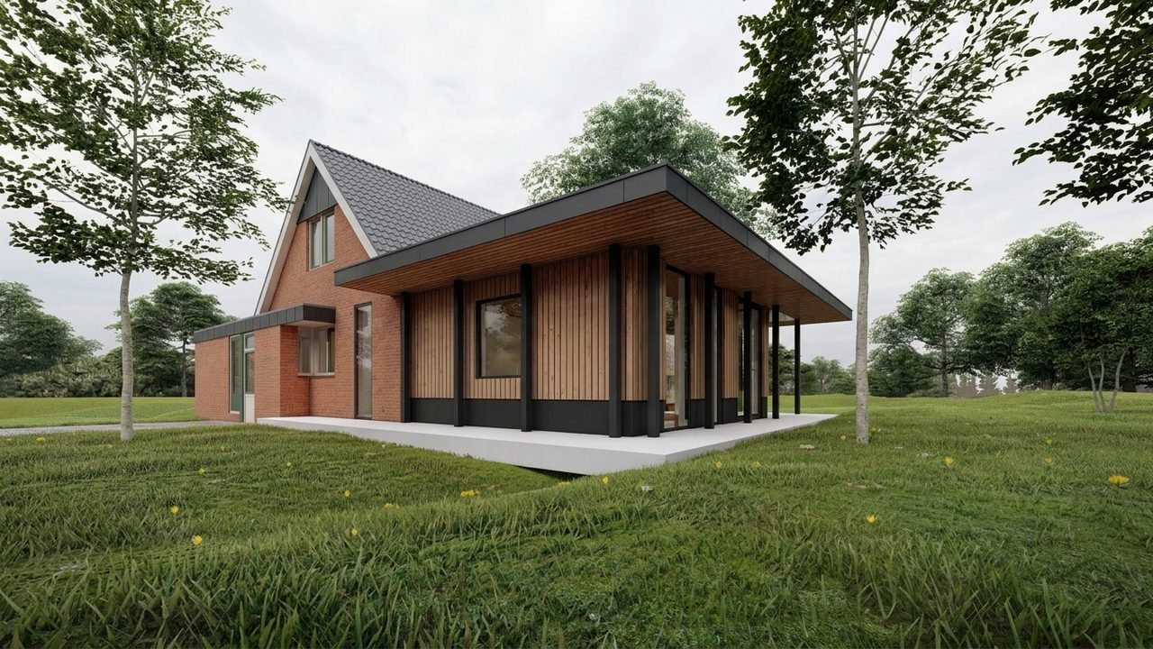 De woning met de nieuwe lage aanbouw in hout en glas onder een breed dakvlak