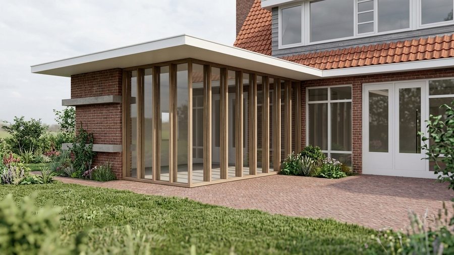 Uitbouw in dezelfde baksteen als de jaren-dertig woning in Ureterp, met een breed overstek