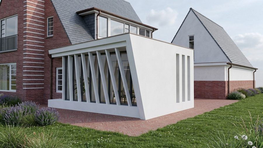 De moderne variant van opzij, met de glazen hoek tegen het bestaande metselwerk